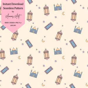 May include: Seamless pattern design featuring repeating illustrations of lanterns, mosques, prayer rugs, crescent moons, and stars in pastel colors. The design includes the text "Instant Download Seamless Pattern by: Amnas Art".