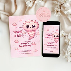 Faire-part d'anniversaire Two-nado pour fille | Modèle de fête orageux rose modifiable | Thème Twister 2e anniversaire | Téléchargement instantané