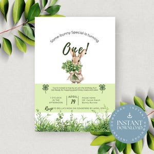 Bunny 1st Birthday Invitation: Floral Spring Theme (Printable Template)