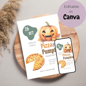 Pizza and Pumpkin Painting Party Invite and Pumpkin Painting Invitation for Kids Birthday Pumpkin Carving Editable Template Digital Download