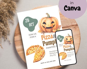 May include: A printable invitation for a pizza and pumpkin painting party. The invitation features a watercolor illustration of a smiling jack-o-lantern and a slice of pizza. The text on the invitation reads "Join us for a Pizza & Pumpkin Painting Party" and includes the date "26 Oct".