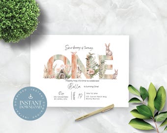 Some Bunny First Birthday Invitation, Floral Bunny Template (Digital Download)