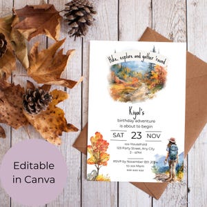 Invito di compleanno autunnale per bambini. Festa a tema autunnale. Invito bello e naturale. Festa di escursionismo. Download digitale. Facile da modificare.