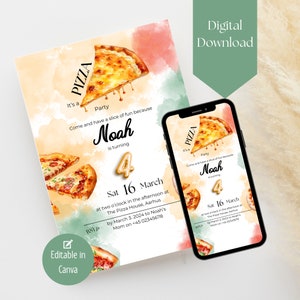 Pizza Party Invitation - Kids Birthday Outing Invite, Editable Digital Download, Fun Children&#39;s Themed Birthday