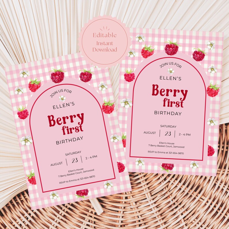 Berry First Birthday Invitation – Editable Pink Gingham Raspberry ...