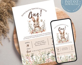 Bunny 1st Birthday Invitation Template: Floral Spring Party (Digital Download)