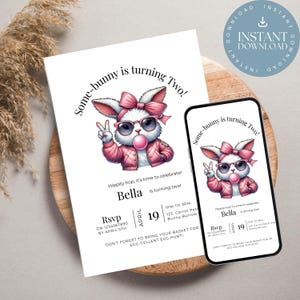 Retro Some Bunny is Two Birthday Invitation, Printable Sassy 2nd Birthday Invite, Editable Bunny Template, Spring Celebration Download,