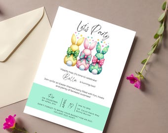 May include: A white invitation card with a green and white border. The card features a cartoon illustration of three bunnies with bows. The text on the card reads "Let's Party" and "Bella is turning two!" The card also includes details for an Easter-themed party.