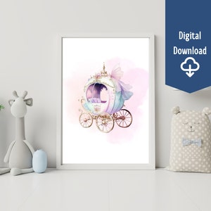 Watercolor Princess Poster, Printable Art, Home decor, Flimsy Carriage Pastel colors, Girls Bedroom Decor
