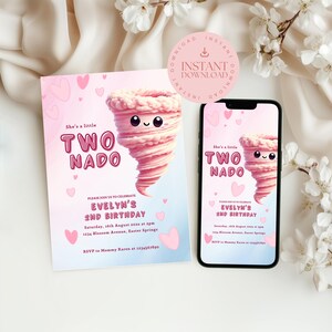 Invitation d'anniversaire deux nado | Modèle de fête torsadée rose et bleu ombré | Thème modifiable de la tempête pour le 2e anniversaire | Téléchargement instantané