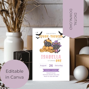 Kawaii Kitty Birthday Invitation Halloween Template Personalized Birthday Invite Editable Digital Invite Cute Cat Theme Perfect for Girls