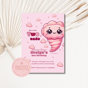 Invitation d'anniversaire tornade pour fille | Modèle modifiable Storm Party | Invitation rose à thème Twister | Téléchargement instantané