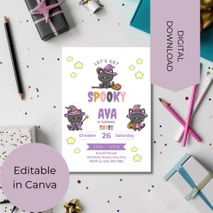 Kawaii Kitty Birthday Invitation Halloween Template Personalized Birthday Invite Editable Digital Invite Cute Cat Theme Perfect for Girls