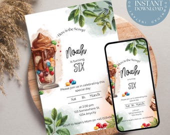 May include: A printable invitation for a birthday party. The invitation features a colorful ice cream sundae with chocolate sauce and sprinkles. The text on the invitation reads "Here is the Scoop! Noah is turning SIX. Please join us in celebrating this special day. Sat 16. March at 2:00 pm 123 Somewhere St. 1234 Anycity RSVP to Noah's Mom on +45 02345678".
