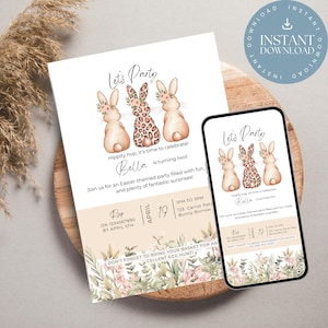 Let&#39;s Party Easter Invitation Template, Editable Bunny Invite, Egg Hunt, Digital Download for Spring