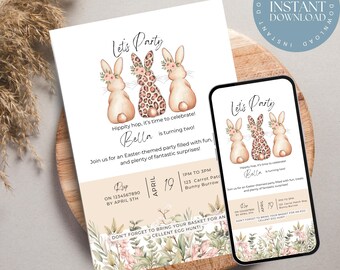 May include: A printable invitation for a child's second birthday party. The invitation features a pink, green, and brown color scheme with a floral design and three bunnies. The text on the invitation reads "Let's Party" and "Hippity hop, it's time to celebrate! Bella is turning two!" The invitation also includes the date and time of the party, as well as the location.