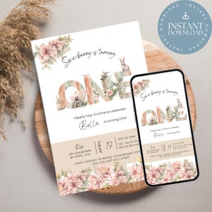 Bunny First Birthday Invitation: Floral Spring Theme (Printable Template)