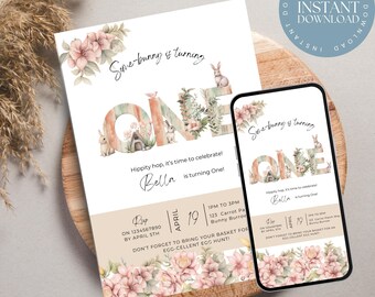 Bunny First Birthday Invitation: Floral Spring Theme (Printable Template)