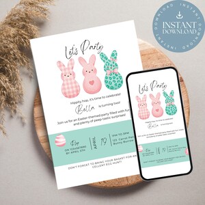 Let&#39;s Party Editable Easter Birthday Invite, Bunny Egg Hunt Invitation, Digital Download for Kids Fun