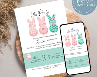 May include: A printable invitation for a child's second birthday party. The invitation features a pink, green, and white bunny design with the text "Let's Party" and "Bella is turning two!" The invitation also includes details about the party, such as the date, time, and location.