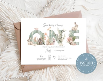 Some Bunny Birthday Invite, Printable 1st Birthday Template, Editable Bunny Invitation for Girls and Boys, Gender Neutral