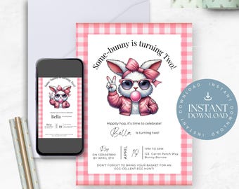 Retro Bunny 2nd Birthday Invitation: Editable Spring Party (Digital Download)