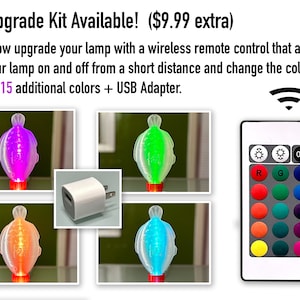 May include: A wireless remote control for a lamp with 15 color options, a USB adapter, and a close-up of the remote control buttons. The text on the remote control reads "OFF ON", "R", "G", "B", "W", "FLASH", "STROBE", "FADE", and "SMOOTH".