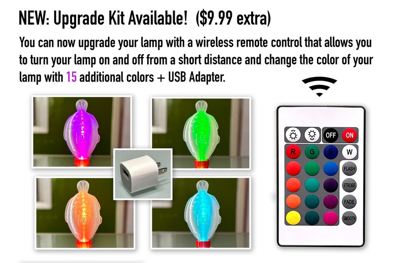 May include: A wireless remote control for a lamp with 15 color options, a USB adapter, and a close-up of the remote control buttons. The text on the remote control reads "OFF ON", "R", "G", "B", "W", "FLASH", "STROBE", "FADE", and "SMOOTH".