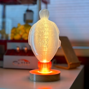 May include: A white, translucent, 3D printed lamp shaped like a turtle with a glowing orange base.