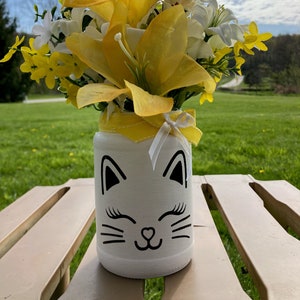 Cat centerpiece, floral arrangement, mason jar centerpiece, crazy cat lady, home decor cat, floral arrangements in vase, cat themed gifts, image 6