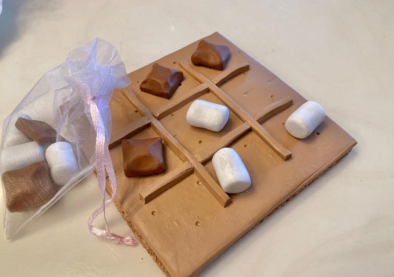 S'mores tic tac toe polymer clay board, centerpiece, food, board game, coffee table decor, birthday gifts for her, bonfire, chocolate image 1