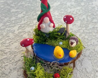 Handmade polymer clay gnome, garden gnome statue, fairy garden pond, mushroom gnome, fairy garden accessories, mossy forest waterfall scene