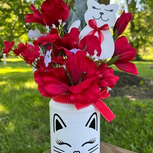 Cat centerpiece, floral arrangement, mason jar centerpiece, crazy cat lady, home decor cat, floral arrangements in vase, cat themed gifts, image 4