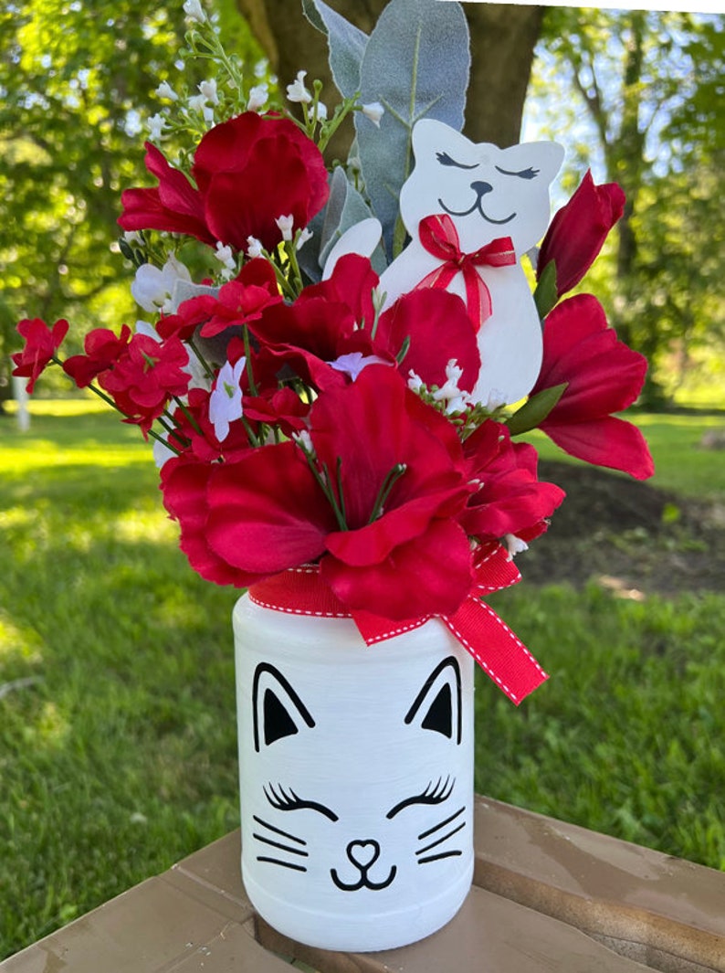 Cat centerpiece, floral arrangement, mason jar centerpiece, crazy cat lady, home decor cat, floral arrangements in vase, cat themed gifts, image 4