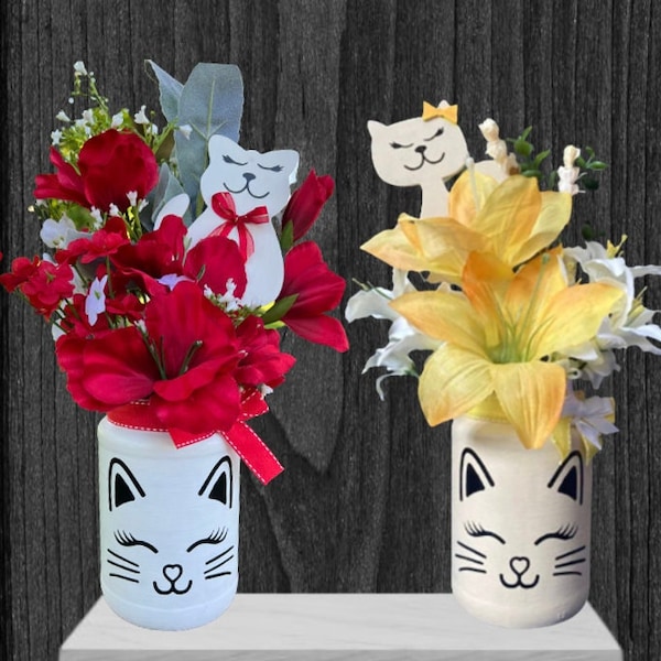 Cat centerpiece, floral arrangement, mason jar centerpiece, crazy cat lady, home decor cat, floral arrangements in vase, cat themed gifts,