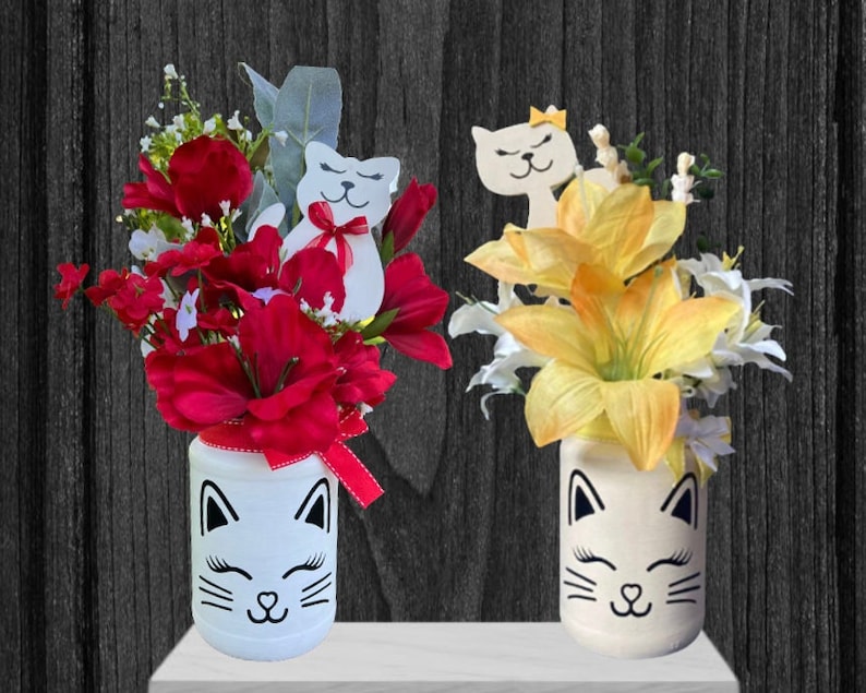 Cat centerpiece, floral arrangement, mason jar centerpiece, crazy cat lady, home decor cat, floral arrangements in vase, cat themed gifts, image 1