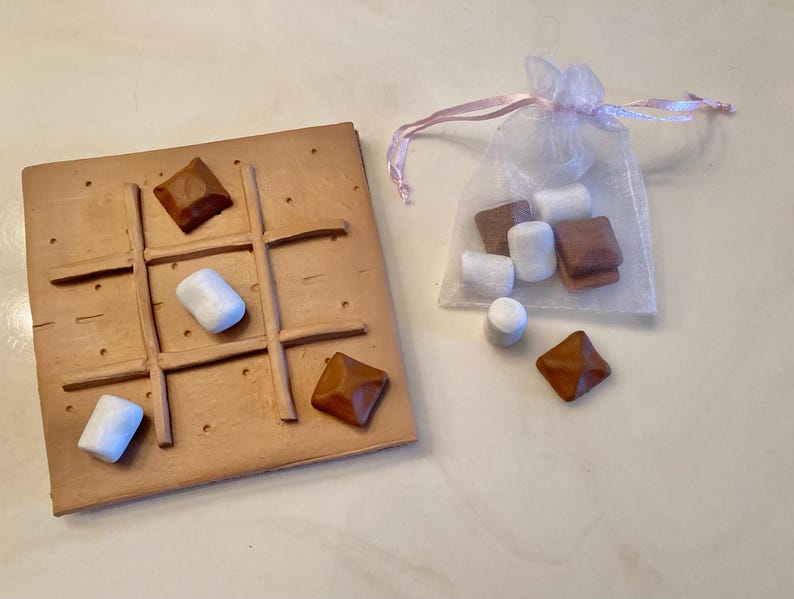 S'mores tic tac toe polymer clay board, centerpiece, food, board game, coffee table decor, birthday gifts for her, bonfire, chocolate image 3