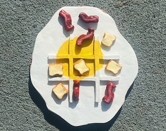 Eggs and bacon, breakfast food, waffle tic tac toe board, polymer clay, centerpiece, board game, coffee table decor, birthday, gifts for her