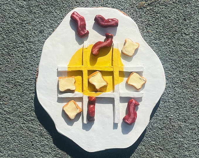 Eggs and bacon, breakfast food, waffle tic tac toe board, polymer clay, centerpiece, board game, coffee table decor, birthday, gifts for her