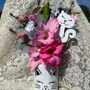 Cat centerpiece, floral arrangement, mason jar centerpiece, crazy cat lady, home decor cat, floral arrangements in vase, cat themed gifts, image 5