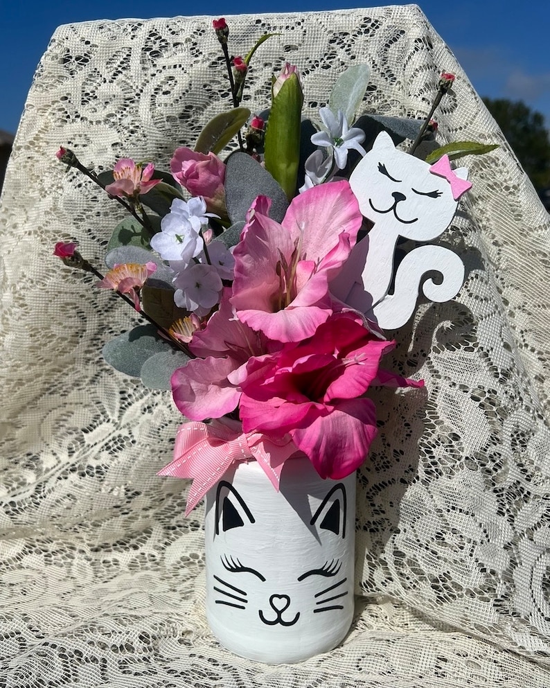 Cat centerpiece, floral arrangement, mason jar centerpiece, crazy cat lady, home decor cat, floral arrangements in vase, cat themed gifts, image 5