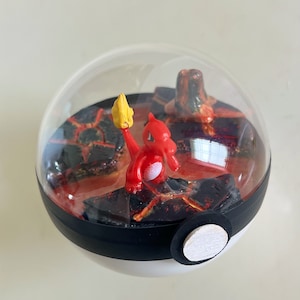 Pokémon ball terrarium, handmade miniature pokeball diorama, poke ball shadow box, charmeleon, charizard, poke cutie, anime, succulent, fire