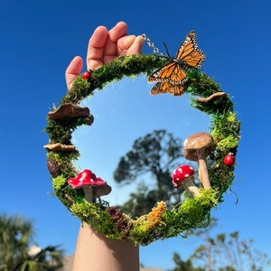 Magical fairy moss mushroom mirror, fairy garden mirror, beauty mirror, mushroom accent decor, fantasy land, enchanting butterfly, handmade