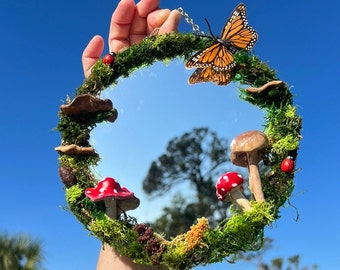 Magical fairy moss mushroom mirror, fairy garden mirror, beauty mirror, mushroom accent decor, fantasy land, enchanting butterfly, handmade