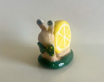 Lemon slice clay snail figurine, kawaii snail creature clay, handmade charm figurine, hand sculpted ceramic clay decor, animal desk pal