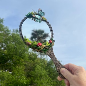 Fairy moss mirror, fairy garden mirror, magical mushroom, handheld mirror, mushroom accent decor, fantasy land, enchanting butterfly antique