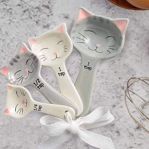 Cat Shaped Ceramic Measuring Spoons Cat Lover Gift Baking Etsy