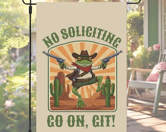 Bandeira de jardim proibida a solicitação, placa engraçada de sapo cowboy do oeste americano no quintal, bandeira "Vá em frente", placa "Vá embora", presente para jardineiros