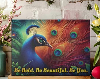 Peacock glazen snijplank, inspirerend cadeau, gewaagde vogelkunst, uniek housewarmingcadeau, Be Bold Be Beautiful Be You charcuteriebord