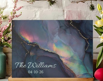 Tabla de cortar de vidrio iridiscente con nombre y fecha / Recuerdo de boda personalizado